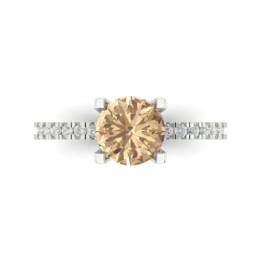 1.71 cttw Yellow Moissanite Solitaire with Zirconia Simulated Diamond Accents Engagement Ring - Solid White Gold (VVS1, Round Cut,7.5mm)