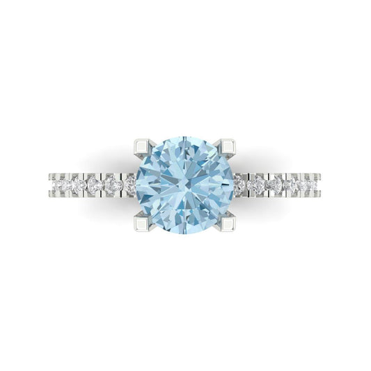 1.71 cttw Natural Aquamarine Solitaire with Zirconia Simulated Diamond Accents Engagement Ring - Solid White Gold (VVS1, Round Cut,7.5mm)