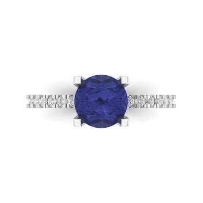 1.71 cttw Simulated Tanzanite Solitaire with Zirconia Simulated Diamond Accents Engagement Ring - Solid White Gold (VVS1, Round Cut,7.5mm)