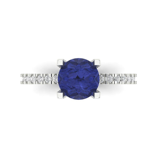 1.71 cttw Simulated Tanzanite Solitaire with Zirconia Simulated Diamond Accents Engagement Ring - Solid White Gold (VVS1, Round Cut,7.5mm)