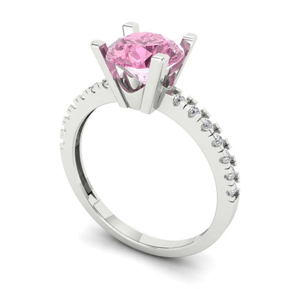 1.71 cttw Zirconia Simulated Pink Diamond Solitaire with Zirconia Simulated Diamond Accents Engagement Ring - Solid White Gold (VVS1, Round Cut,7.5mm)