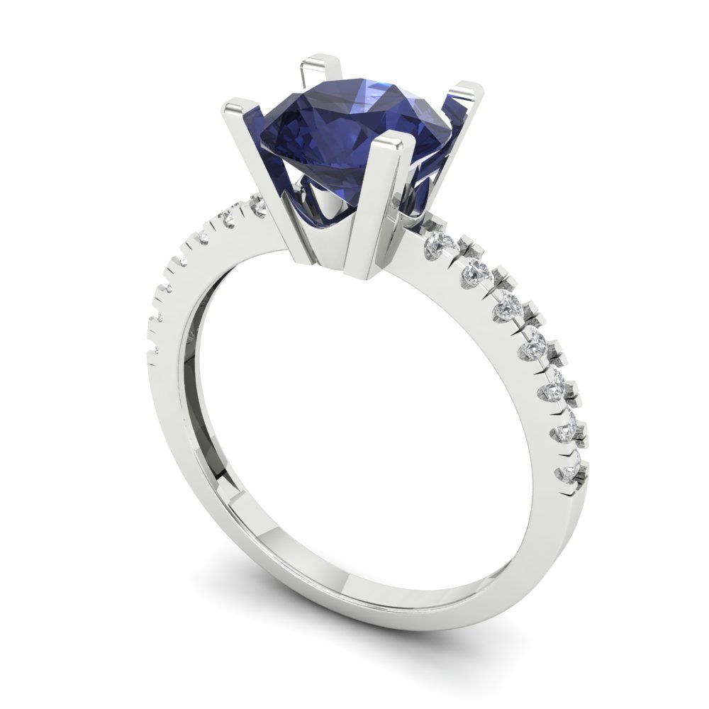 1.71 cttw Simulated Blue Sapphire Solitaire with Zirconia Simulated Diamond Accents Engagement Ring - Solid Gold (Round Cut,7.5mm)