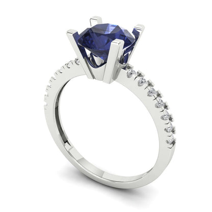 1.71 cttw Simulated Blue Sapphire Solitaire with Zirconia Simulated Diamond Accents Engagement Ring - Solid Gold (Round Cut,7.5mm)