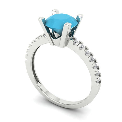 1.71 cttw Simulated Turquoise Solitaire with Zirconia Simulated Diamond Accents Engagement Ring - Solid Gold (Round Cut,7.5mm)