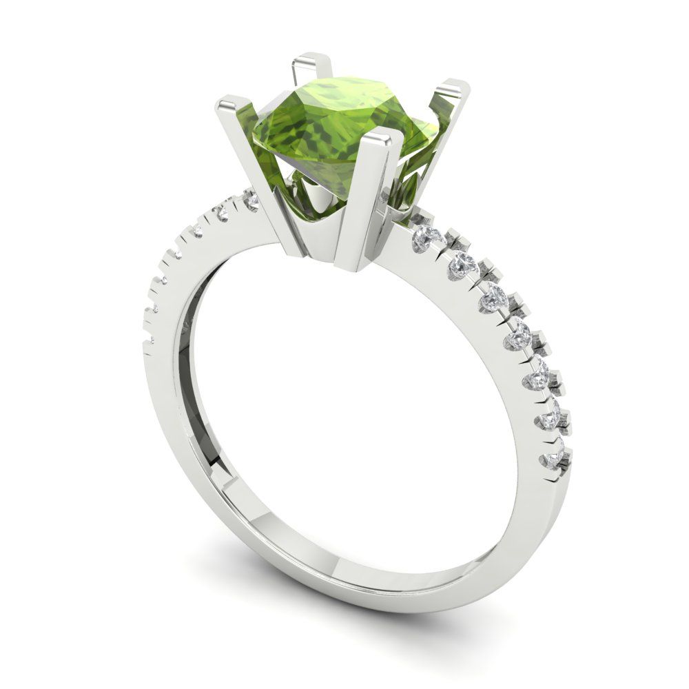 1.71 cttw Natural Peridot Solitaire with Zirconia Simulated Diamond Accents Engagement Ring - Solid Gold (Round Cut,7.5mm)