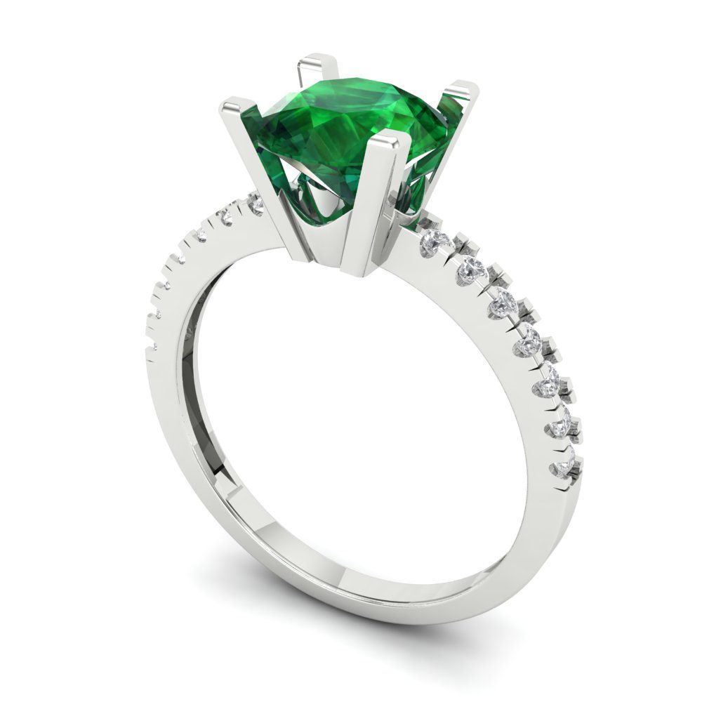 1.71 cttw Simulated Emerald Solitaire with Zirconia Simulated Diamond Accents Engagement Ring - Solid Gold (Round Cut,7.5mm)