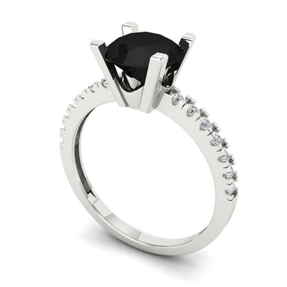 1.71 cttw Natural Onyx Solitaire with Zirconia Simulated Diamond Accents Engagement Ring - Solid Gold (Round Cut,7.5mm)