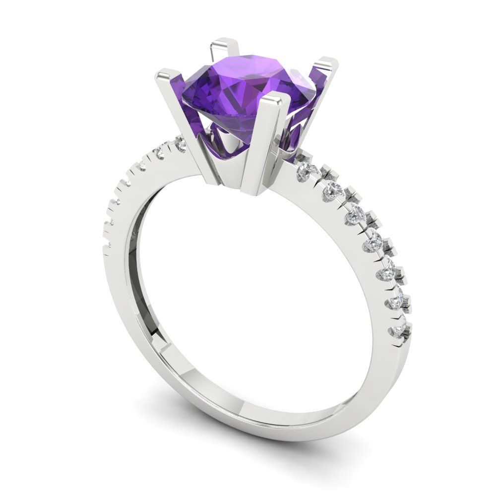 1.71 cttw Natural Amethyst Solitaire with Zirconia Simulated Diamond Accents Engagement Ring - Solid Gold (Round Cut,7.5mm)