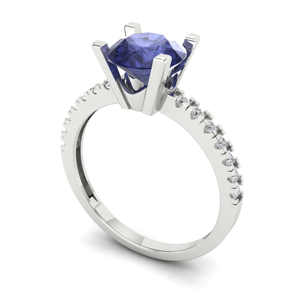 1.71 cttw Simulated Tanzanite Solitaire with Zirconia Simulated Diamond Accents Engagement Ring - Solid White Gold (VVS1, Round Cut,7.5mm)