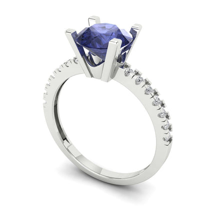 1.71 cttw Simulated Tanzanite Solitaire with Zirconia Simulated Diamond Accents Engagement Ring - Solid White Gold (VVS1, Round Cut,7.5mm)