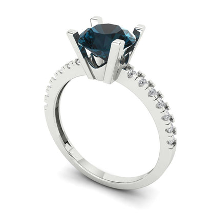 1.71 cttw Natural London Blue Topaz Solitaire with Zirconia Simulated Diamond Accents Engagement Ring - Solid White Gold (VVS1, Round Cut,7.5mm)