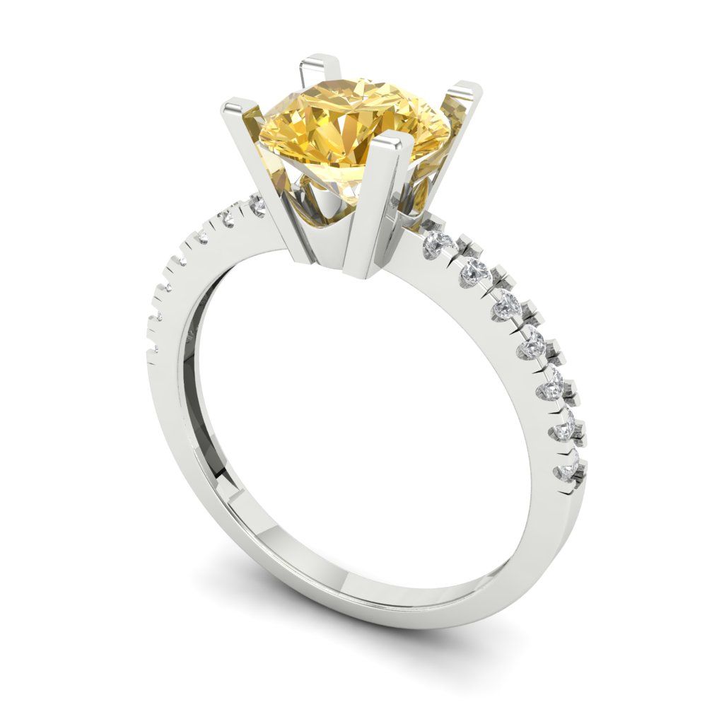 1.71 cttw Zirconia Simulated Yellow Diamond Solitaire with Zirconia Simulated Diamond Accents Engagement Ring - Solid White Gold (VVS1, Round Cut,7.5mm)
