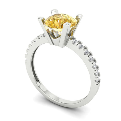 1.71 cttw Zirconia Simulated Yellow Diamond Solitaire with Zirconia Simulated Diamond Accents Engagement Ring - Solid White Gold (VVS1, Round Cut,7.5mm)