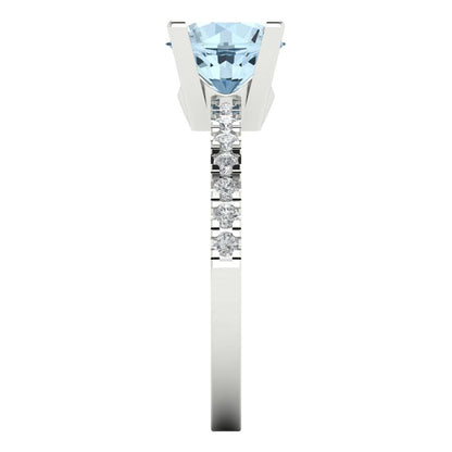 1.71 cttw Natural Aquamarine Solitaire with Zirconia Simulated Diamond Accents Engagement Ring - Solid Gold (Round Cut,7.5mm)
