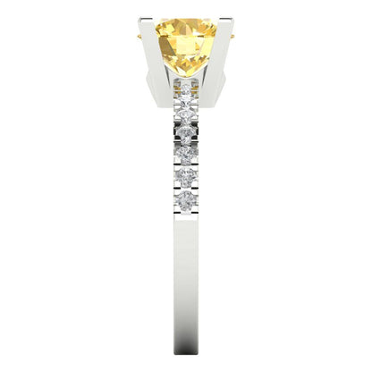 1.71 cttw Zirconia Simulated Yellow Diamond Solitaire with Zirconia Simulated Diamond Accents Engagement Ring - Solid White Gold (VVS1, Round Cut,7.5mm)