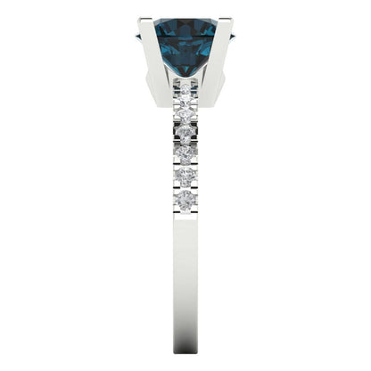 1.71 cttw Natural London Blue Topaz Solitaire with Zirconia Simulated Diamond Accents Engagement Ring - Solid White Gold (VVS1, Round Cut,7.5mm)