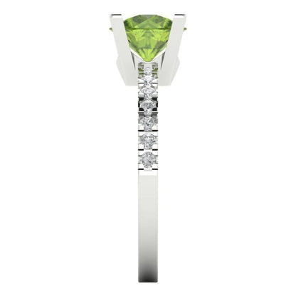 1.71 cttw Natural Peridot Solitaire with Zirconia Simulated Diamond Accents Engagement Ring - Solid Gold (Round Cut,7.5mm)