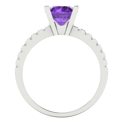 1.71 cttw Natural Amethyst Solitaire with Zirconia Simulated Diamond Accents Engagement Ring - Solid Gold (Round Cut,7.5mm)