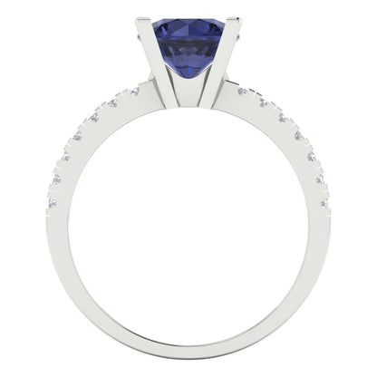 1.71 cttw Simulated Blue Sapphire Solitaire with Zirconia Simulated Diamond Accents Engagement Ring - Solid Gold (Round Cut,7.5mm)
