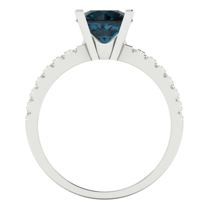 1.71 cttw Natural London Blue Topaz Solitaire with Zirconia Simulated Diamond Accents Engagement Ring - Solid White Gold (VVS1, Round Cut,7.5mm)