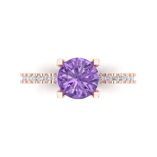 1.71 cttw Simulated Alexandrite Solitaire with Zirconia Simulated Diamond Accents Engagement Ring - Solid Rose Gold (VVS1, Round Cut,7.5mm)