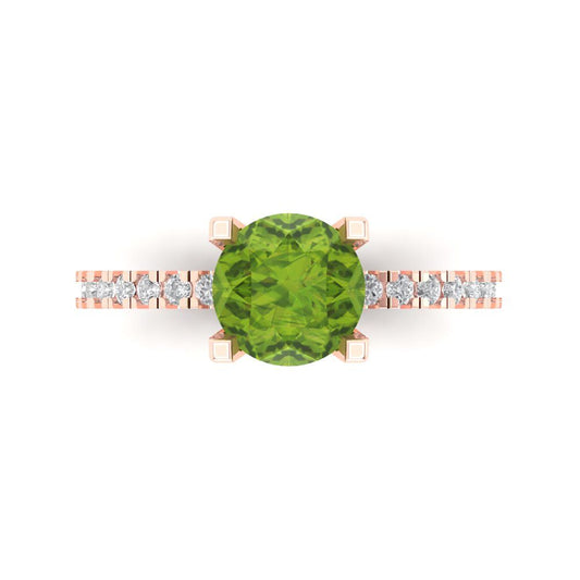 1.71 cttw Natural Peridot Solitaire with Zirconia Simulated Diamond Accents Engagement Ring - Solid Rose Gold (VVS1, Round Cut,7.5mm)