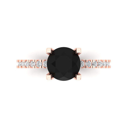 1.71 cttw Natural Onyx Solitaire with Zirconia Simulated Diamond Accents Engagement Ring - Solid Rose Gold (VVS1, Round Cut,7.5mm)