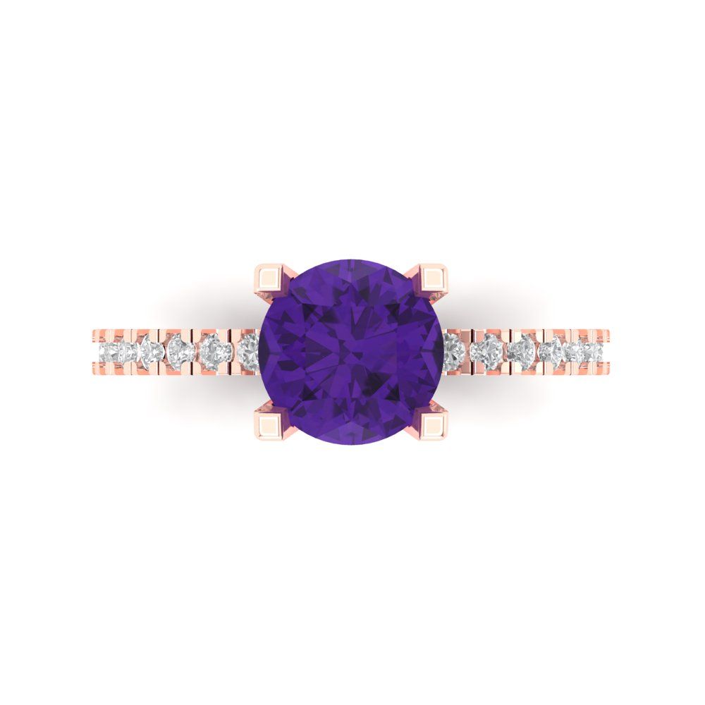 1.71 cttw Natural Amethyst Solitaire with Zirconia Simulated Diamond Accents Engagement Ring - Solid Rose Gold (VVS1, Round Cut,7.5mm)