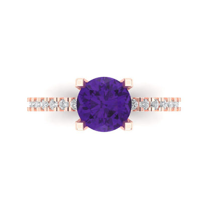 1.71 cttw Natural Amethyst Solitaire with Zirconia Simulated Diamond Accents Engagement Ring - Solid Rose Gold (VVS1, Round Cut,7.5mm)
