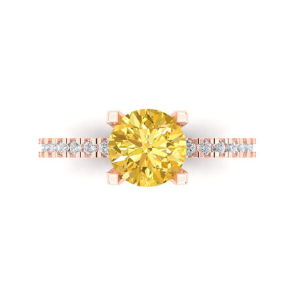 1.71 cttw Natural Citrine Solitaire with Zirconia Simulated Diamond Accents Engagement Ring - Solid Rose Gold (VVS1, Round Cut,7.5mm)