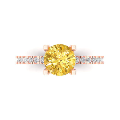 1.71 cttw Zirconia Simulated Yellow Diamond Solitaire with Zirconia Simulated Diamond Accents Engagement Ring - Solid Gold (VVS1, Round Cut,7.5mm)