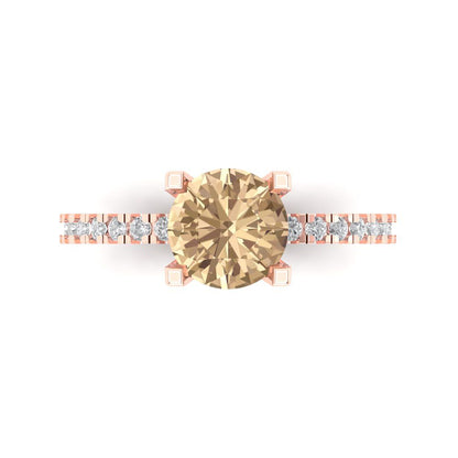 1.71 cttw Yellow Moissanite Solitaire with Zirconia Simulated Diamond Accents Engagement Ring - Solid Rose Gold (VVS1, Round Cut,7.5mm)