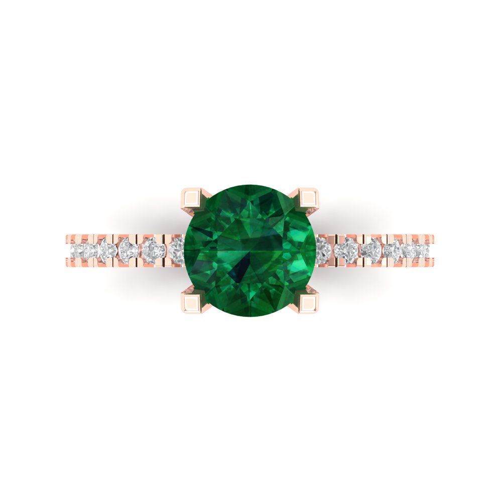 1.71 cttw Simulated Emerald Solitaire with Zirconia Simulated Diamond Accents Engagement Ring - Solid Rose Gold (VVS1, Round Cut,7.5mm)