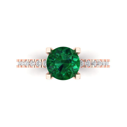 1.71 cttw Simulated Emerald Solitaire with Zirconia Simulated Diamond Accents Engagement Ring - Solid Rose Gold (VVS1, Round Cut,7.5mm)