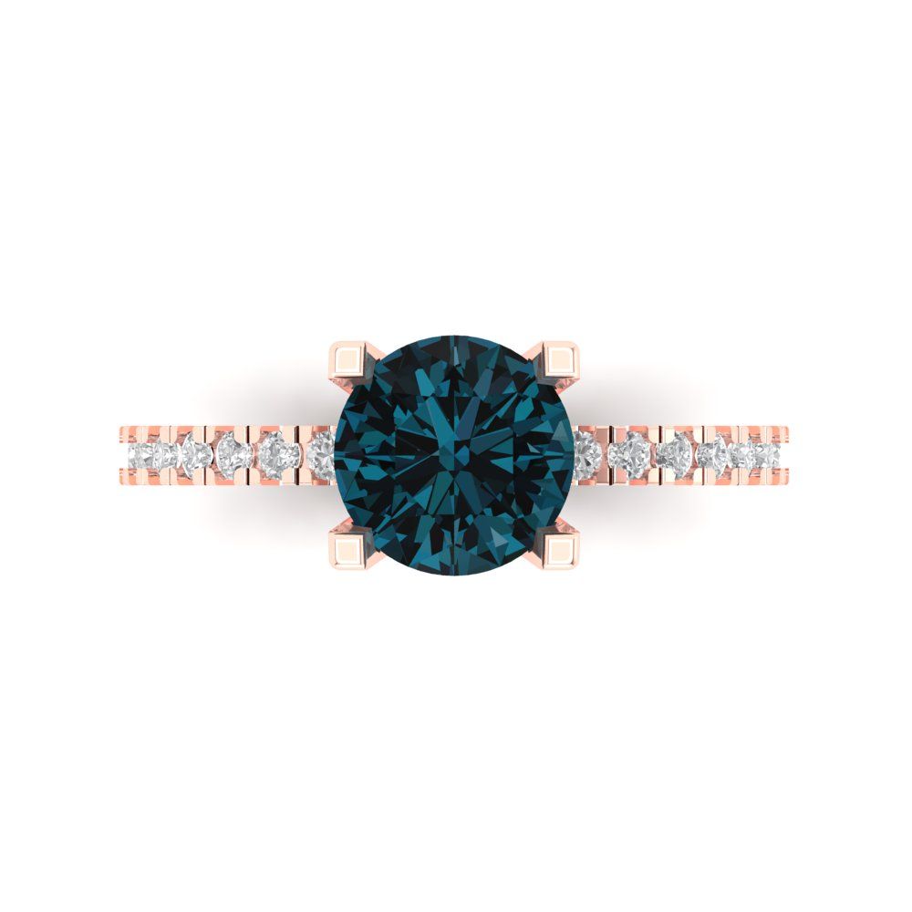 1.71 cttw Natural London Blue Topaz Solitaire with Zirconia Simulated Diamond Accents Engagement Ring - Solid Rose Gold (VVS1, Round Cut,7.5mm)