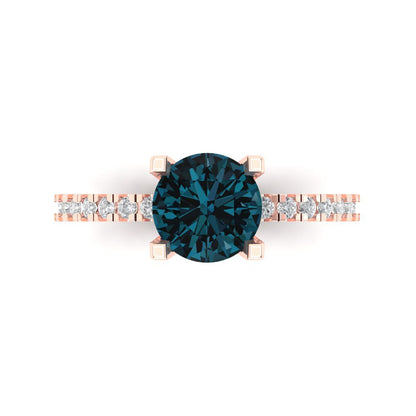 1.71 cttw Natural London Blue Topaz Solitaire with Zirconia Simulated Diamond Accents Engagement Ring - Solid Rose Gold (VVS1, Round Cut,7.5mm)