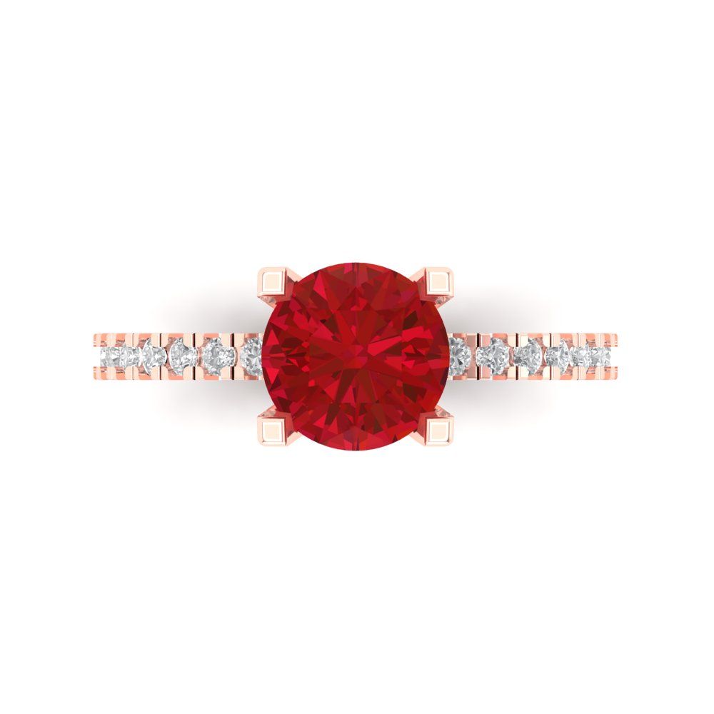 1.71 cttw Simulated Ruby Solitaire with Zirconia Simulated Diamond Accents Engagement Ring - Solid Rose Gold (VVS1, Round Cut,7.5mm)