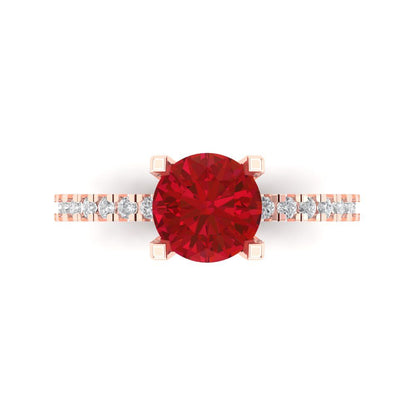 1.71 cttw Simulated Ruby Solitaire with Zirconia Simulated Diamond Accents Engagement Ring - Solid Rose Gold (VVS1, Round Cut,7.5mm)