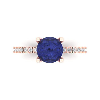 1.71 cttw Simulated Tanzanite Solitaire with Zirconia Simulated Diamond Accents Engagement Ring - Solid Rose Gold (VVS1, Round Cut,7.5mm)