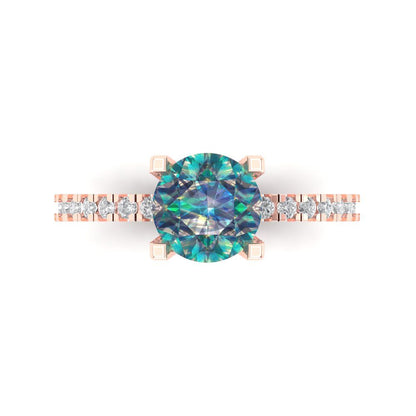 1.71 cttw Blue Moissanite Solitaire with Zirconia Simulated Diamond Accents Engagement Ring - Solid Rose Gold (VVS1, Round Cut,7.5mm)