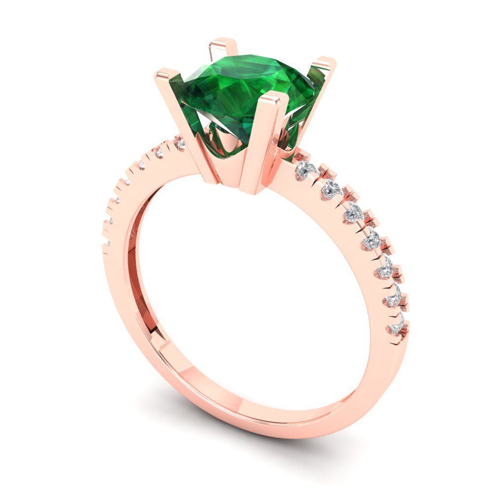 1.71 cttw Simulated Emerald Solitaire with Zirconia Simulated Diamond Accents Engagement Ring - Solid Rose Gold (VVS1, Round Cut,7.5mm)