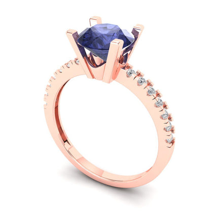 1.71 cttw Simulated Tanzanite Solitaire with Zirconia Simulated Diamond Accents Engagement Ring - Solid Rose Gold (VVS1, Round Cut,7.5mm)