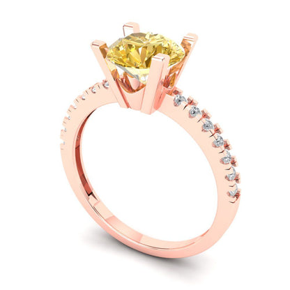 1.71 cttw Yellow Moissanite Solitaire with Zirconia Simulated Diamond Accents Engagement Ring - Solid Rose Gold (VVS1, Round Cut,7.5mm)