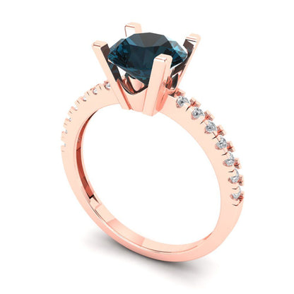 1.71 cttw Natural London Blue Topaz Solitaire with Zirconia Simulated Diamond Accents Engagement Ring - Solid Rose Gold (VVS1, Round Cut,7.5mm)