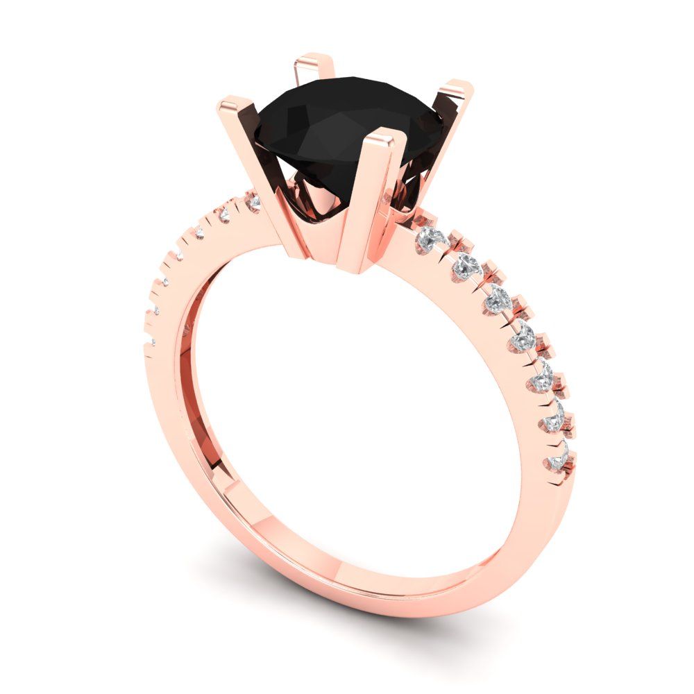 1.71 cttw Natural Onyx Solitaire with Zirconia Simulated Diamond Accents Engagement Ring - Solid Rose Gold (VVS1, Round Cut,7.5mm)