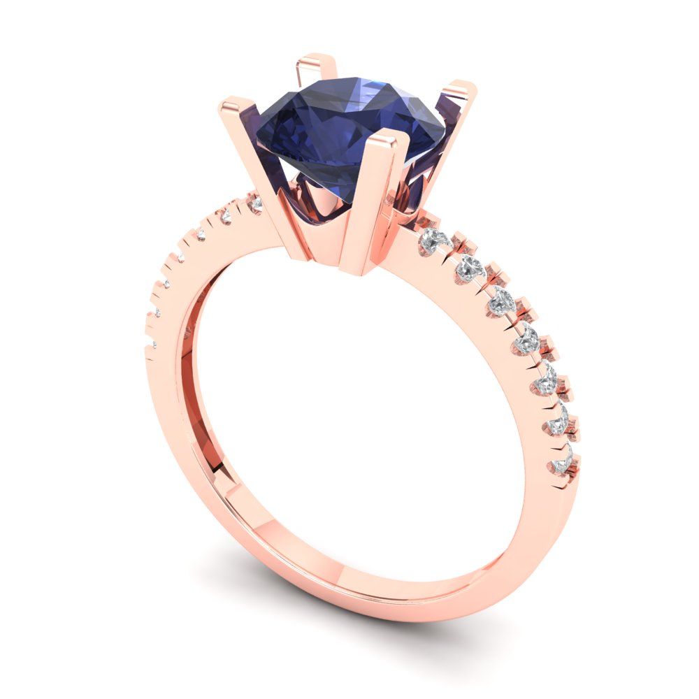1.71 cttw Simulated Blue Sapphire Solitaire with Zirconia Simulated Diamond Accents Engagement Ring - Solid Gold (Round Cut,7.5mm)