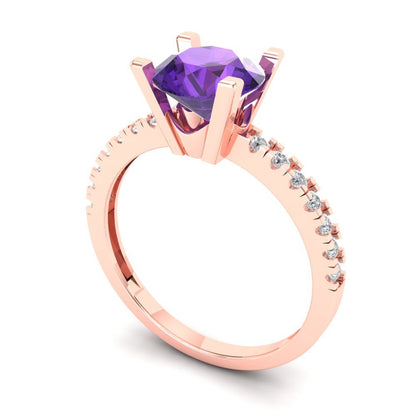 1.71 cttw Natural Amethyst Solitaire with Zirconia Simulated Diamond Accents Engagement Ring - Solid Rose Gold (VVS1, Round Cut,7.5mm)