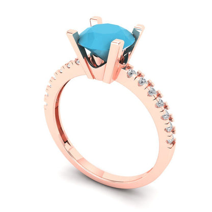 1.71 cttw Simulated Turquoise Solitaire with Zirconia Simulated Diamond Accents Engagement Ring - Solid Gold (Round Cut,7.5mm)