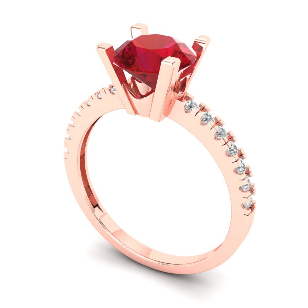 1.71 cttw Simulated Ruby Solitaire with Zirconia Simulated Diamond Accents Engagement Ring - Solid Rose Gold (VVS1, Round Cut,7.5mm)