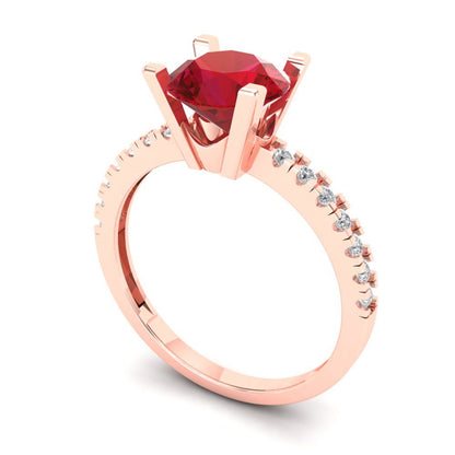 1.71 cttw Simulated Ruby Solitaire with Zirconia Simulated Diamond Accents Engagement Ring - Solid Rose Gold (VVS1, Round Cut,7.5mm)
